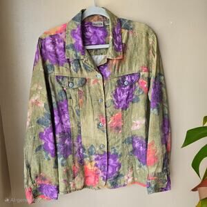 CHICO’S Green Floral Linen Button Down Jacket Size 2 Large